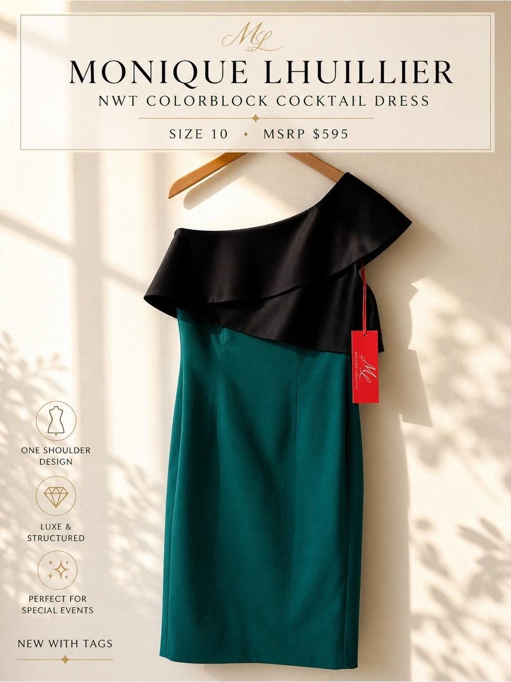 Monique Lhuillier One Shoulder Colorblock Cocktail Dress NWT Size 10 MSRP $595